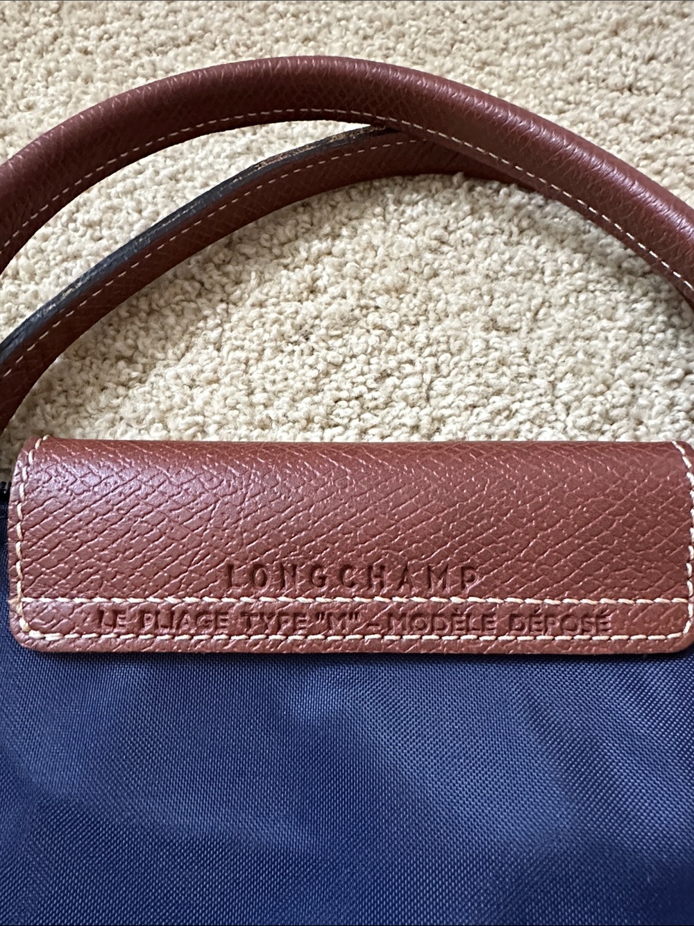 Longchamp Navy Tote Bag with Brown Leather - Picture 3 of 7